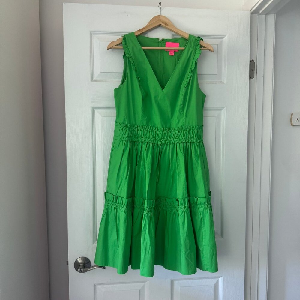 Lilly Pulitzer fit and flare green ruffle v neck dress